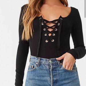 Black long sleeve lace up bodysuit